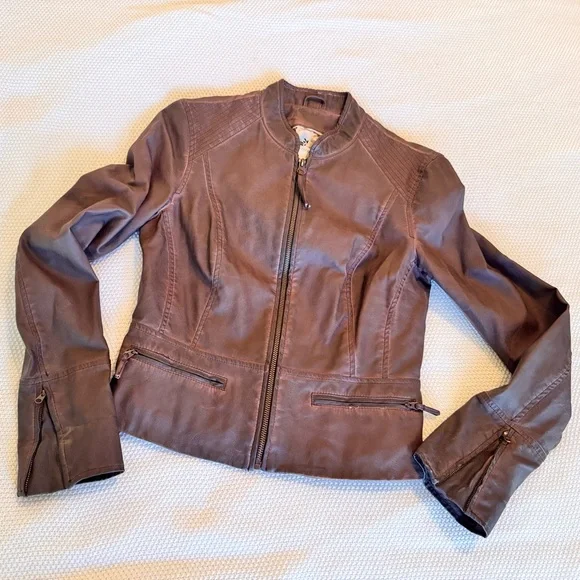 HEI HEI Anthropologie Dara Vegan Leather Moto Jacket Chocolate Brown - Picture 10 of 16